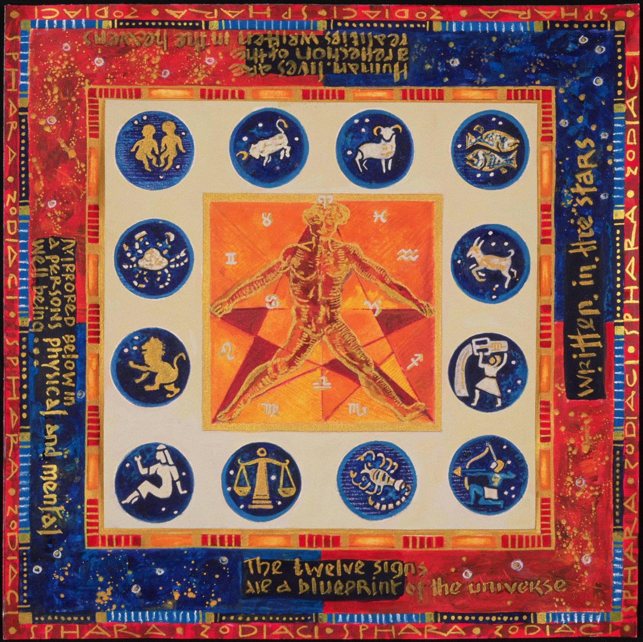 Astrologi, 1999 (akryl och gouache på papper) av Sabira Manek