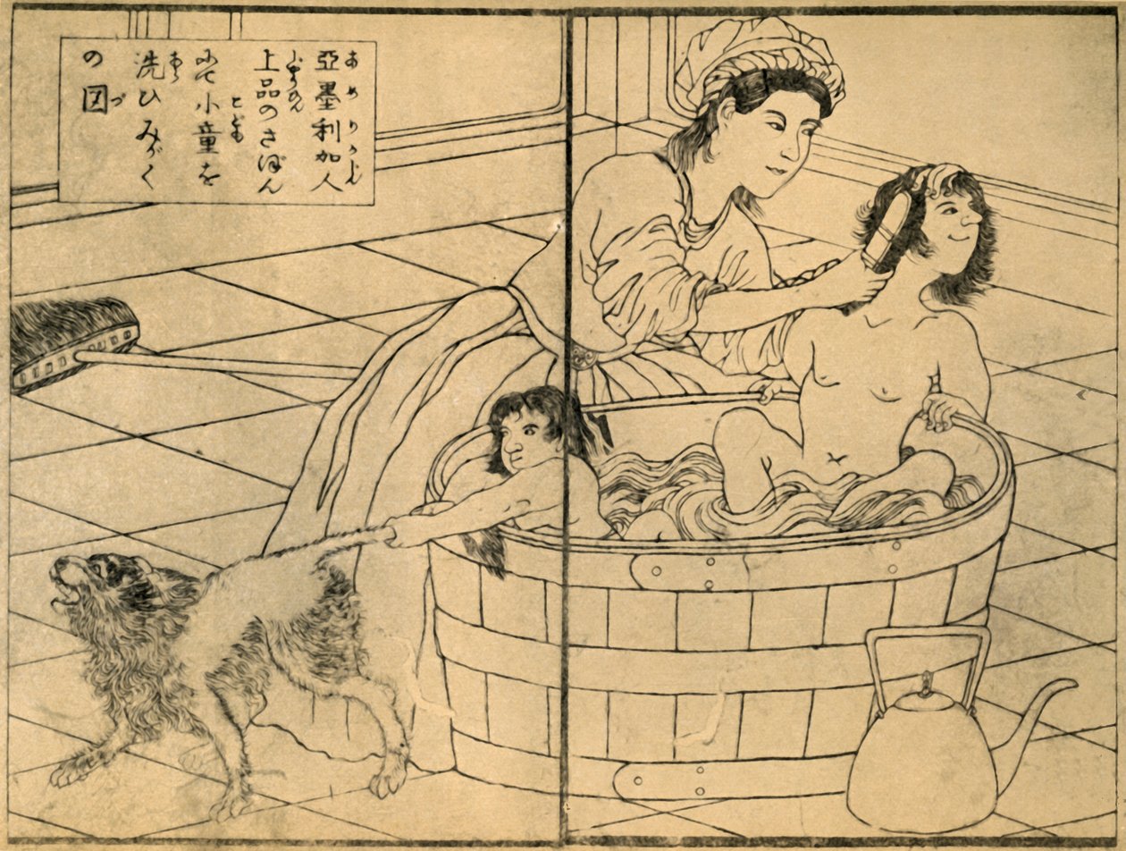 "Amerikansk kvinna som badar sina barn", 1862-1865, 1924. av Sadahide Utagawa