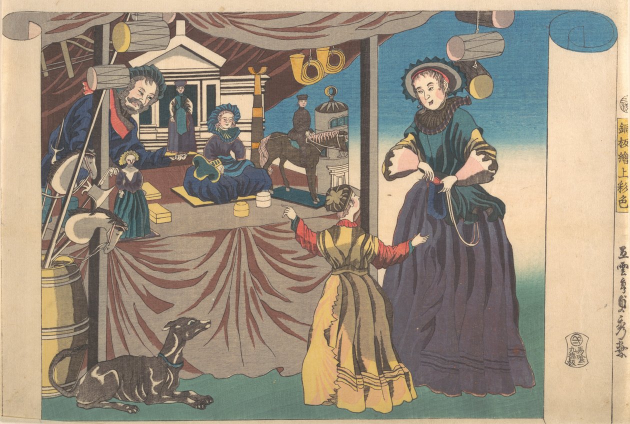 Färgtryck av en kopparplåt Bild av en leksaksaffär, 1860. av Sadahide Utagawa