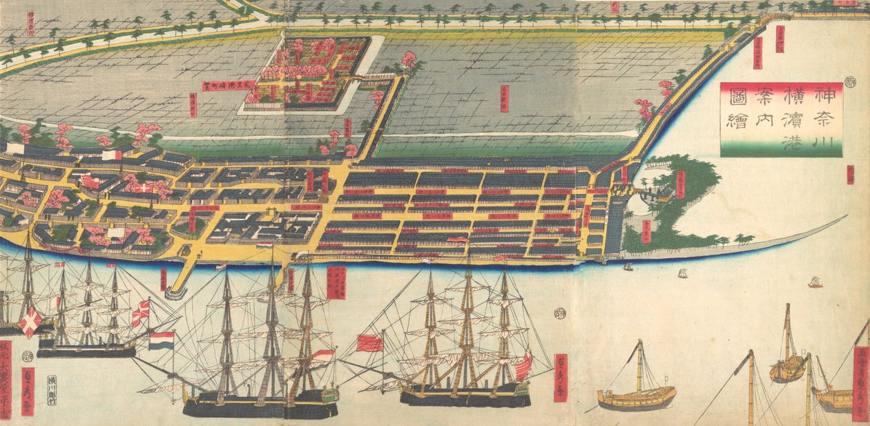 Bildguide till Yokohamas hamn, 7:e månaden, 1860. av Sadahide Utagawa