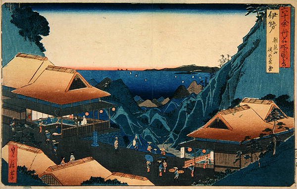 Ise-provinsen: Testånd vid passet på berget Asama, från serien "Illustrationer av berömda platser i de sextio-udda provinserna", sent 1850-tal (träblock i färg) av Sadanobu Utagawa