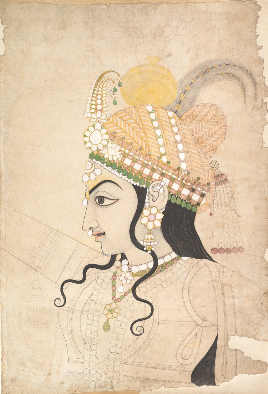 Head of Krishna: tecknad film för en väggmålning av Raslila, ca. 1800. av Sahib Ram