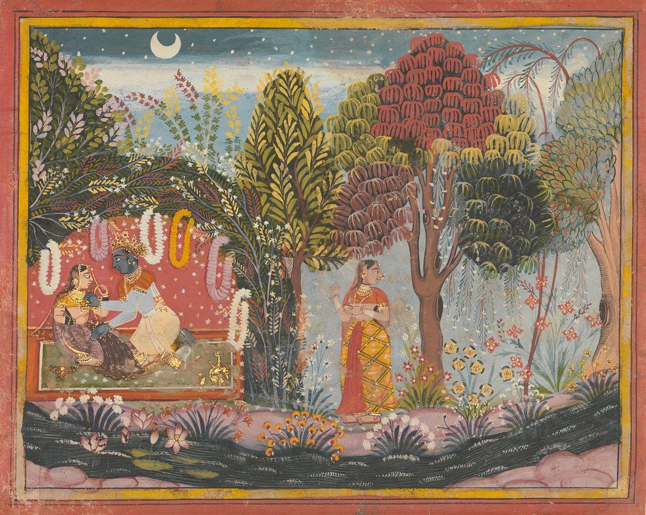 Krishna och Radha in a Bower: Page From a Dispersed Gita Govinda, ca. 1665. av Sahibdin