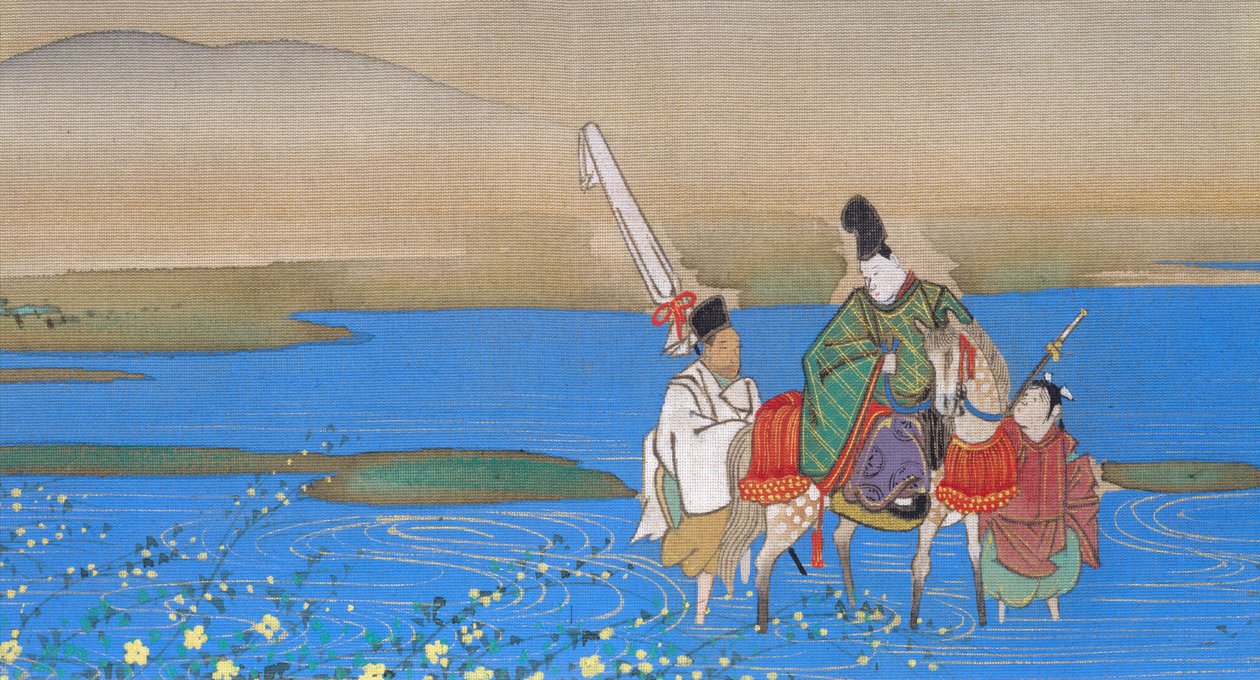 Manlig hovman på hästryggen som korsar floden, ca 1839 av Sakai Oho