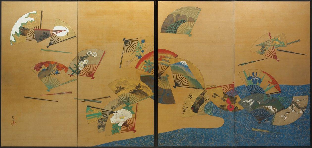 Fläktar och ström, Edo-perioden, ca 1820-28 (bläck, färg, guld  silver på siden) av Sakai Hoitsu