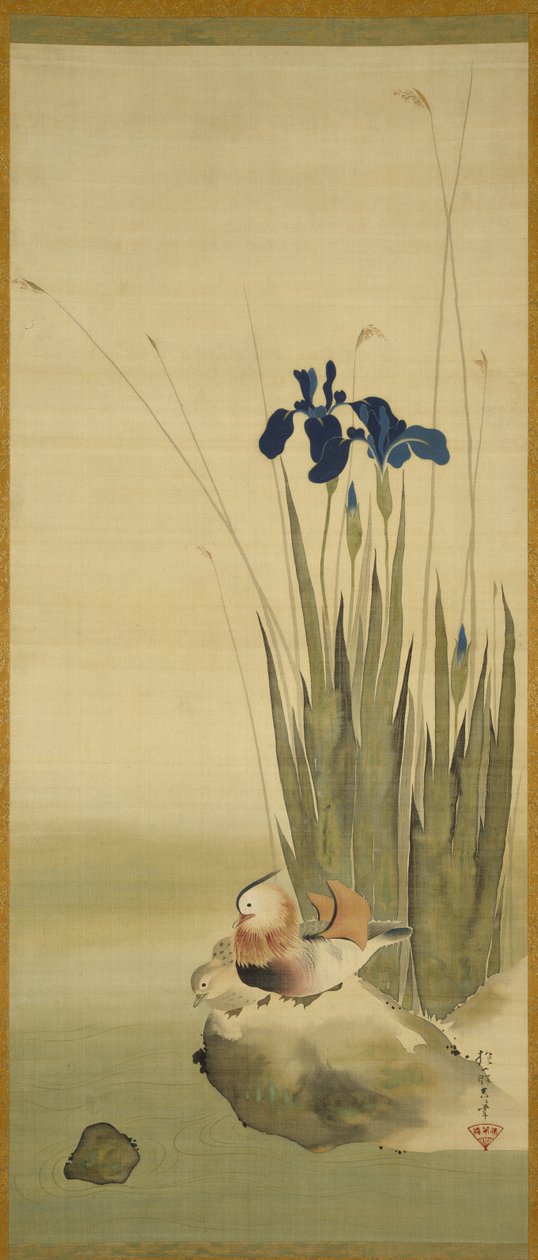 Iris och Mandarin Ducks (bläck & färg på siden) av Sakai Hoitsu