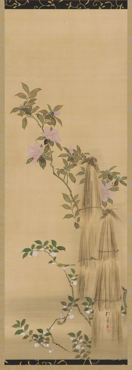 Rosa och vita blommor och halmbeläggningar, Edo-perioden, 1761-1828. av Sakai Hoitsu