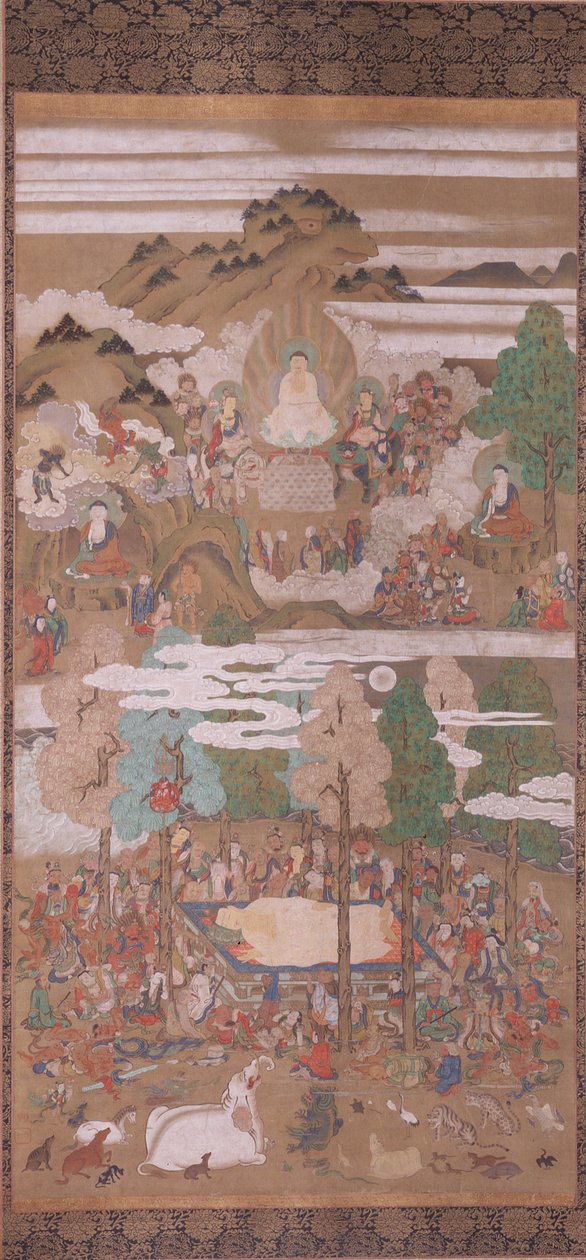 Sakyamuni Buddhas död (tusch, färg  guld på siden) av Sakon Sadatsuna