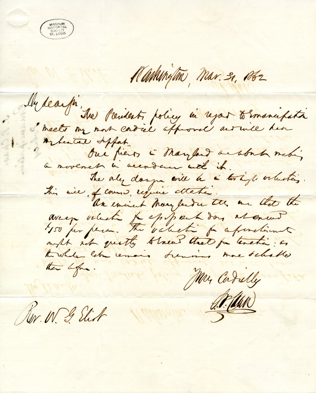 Letter signed S.P. Chase, Washington, to W.G. Eliot, March 31, 1862 av Salmon P. Chase