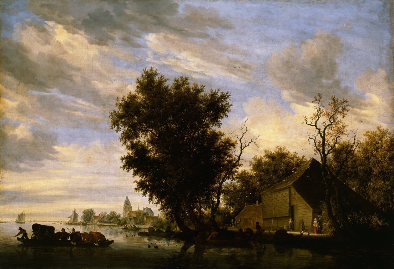 River scene with ferry boat av Salomon van Ruisdael or Ruysdael