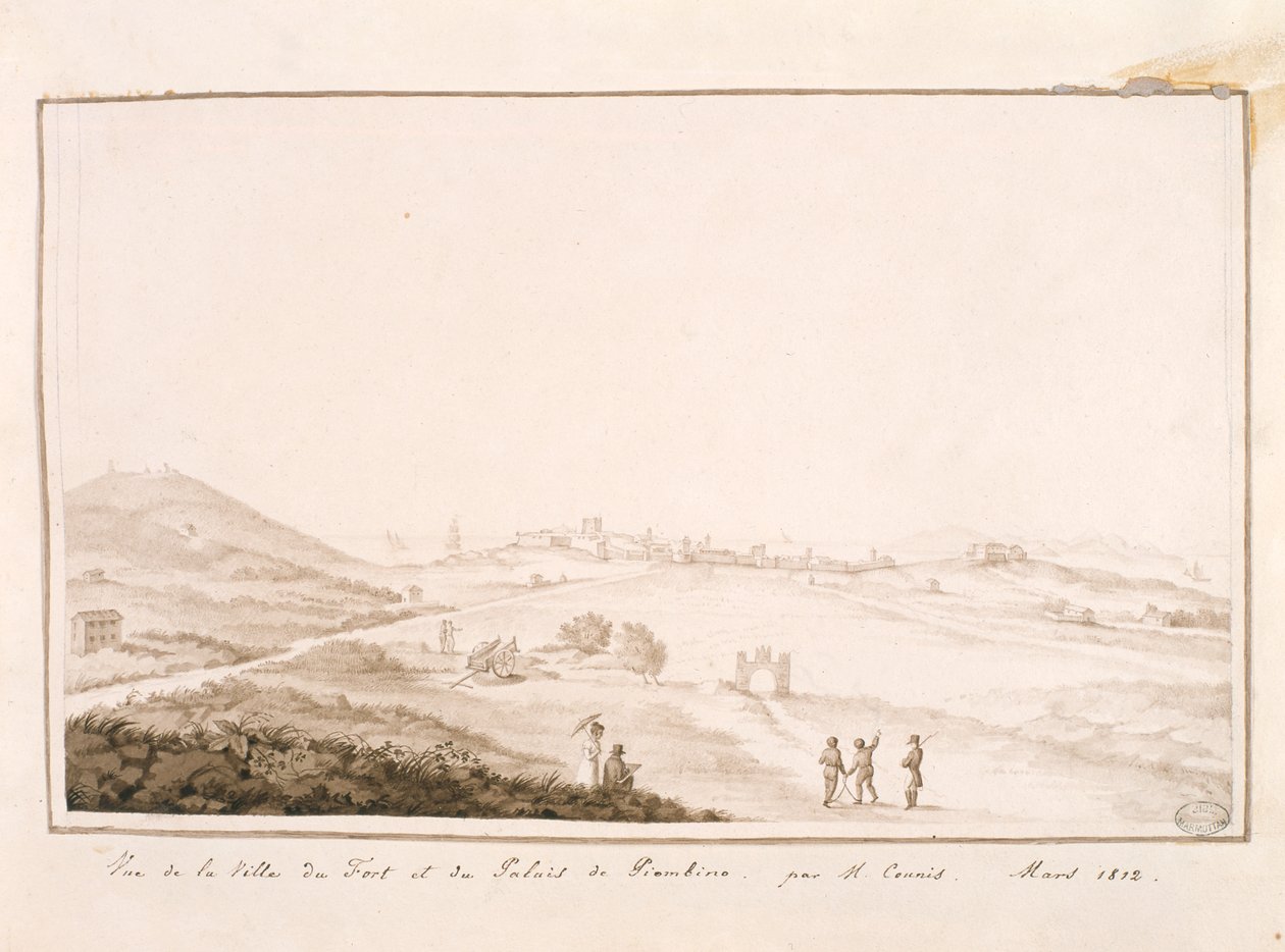 Utsikt över den befästa staden och Palace of Piombino, 1812 av Salomon Guillaume Counis