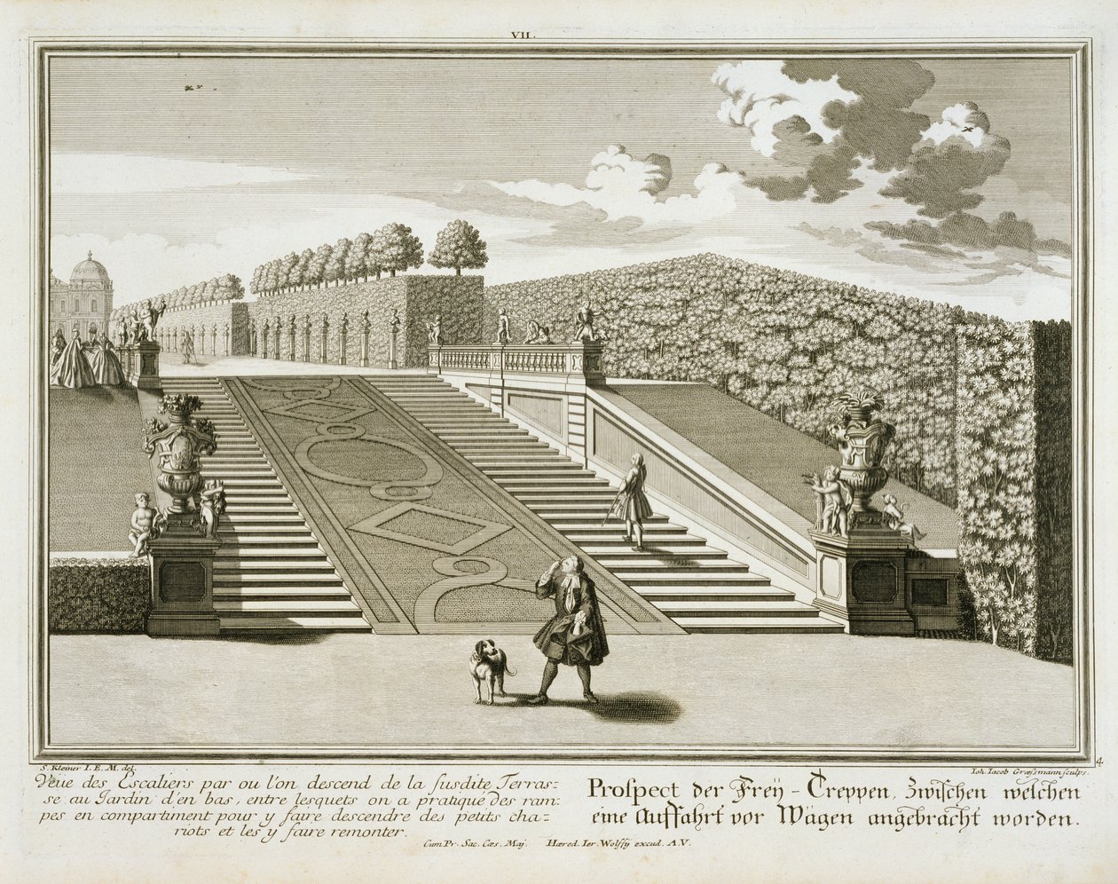 Steg till trädgårdsterrassen, Belvedere-palatset, Wien, graverad av Johann Jacob Grossmann, publicerad ca 1730-40 av Salomon Kleiner