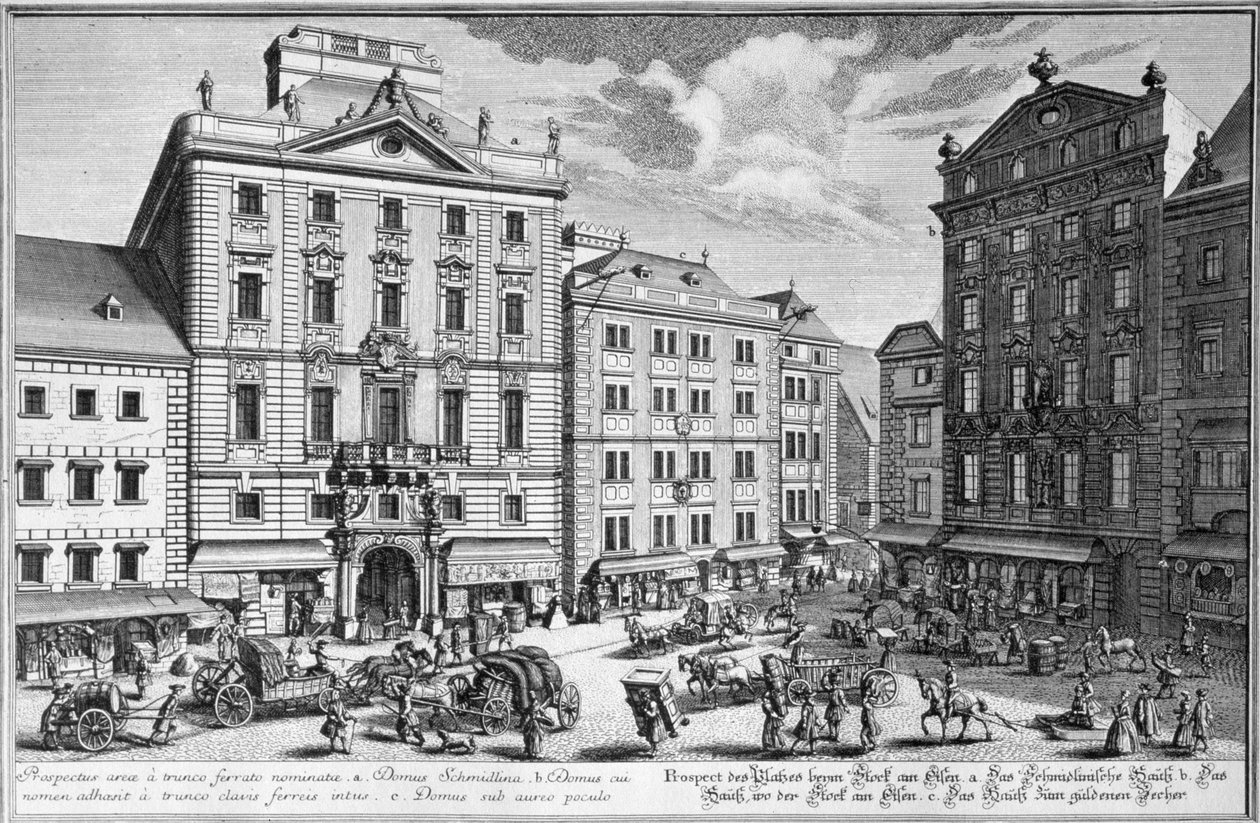 Udsigt over Stock-im-Eisen-Platz, Wien graveret af Karl Remshard (1678-1735) swed av Salomon Kleiner