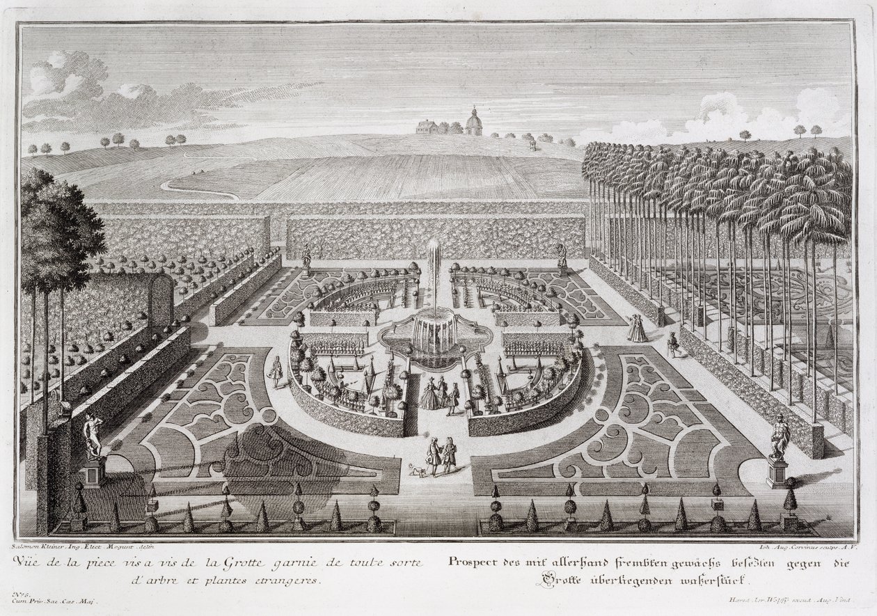 Utsikt över topiary-trädgården bredvid grottan, Geibach, graverad av Johann August Corvinus (1683-1738), publicerad 1728 av Salomon Kleiner