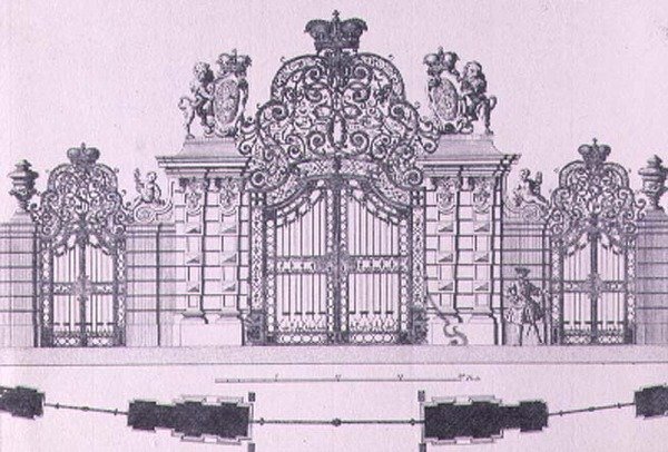 Plan och höjd av ingångsportarna till Schloss Belvedere i Wien troligen designad av Johann George Oegg c.1725, graverad av Johann August Corvinus (1683-1738) av Salomon after Kleiner