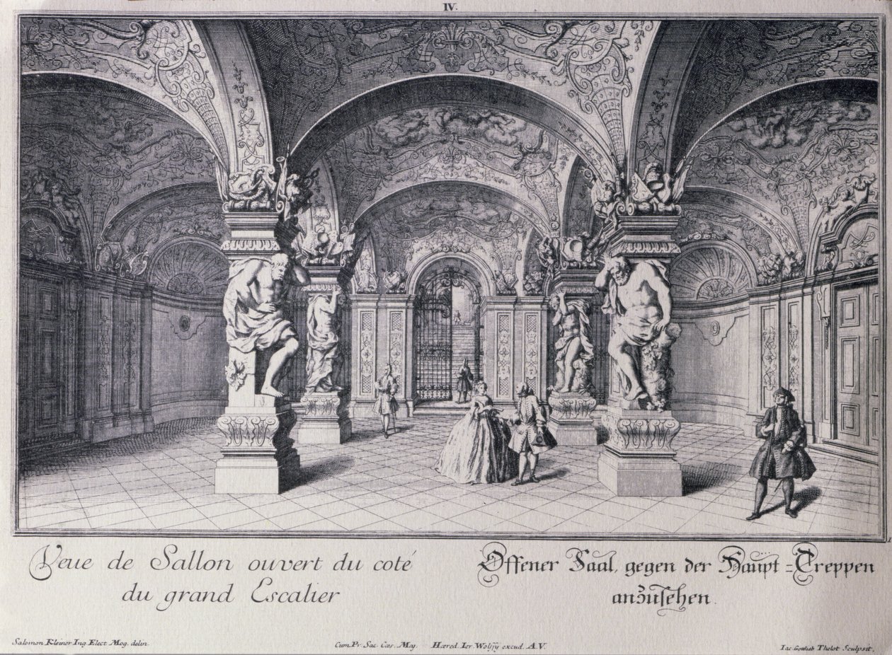 Hallen (Sala Terrena) i Upper Belvedere i Wien påbörjad 1721 av Johann Lukas von Hildebrandt, graverad av Thelot av Salomon after Kleiner