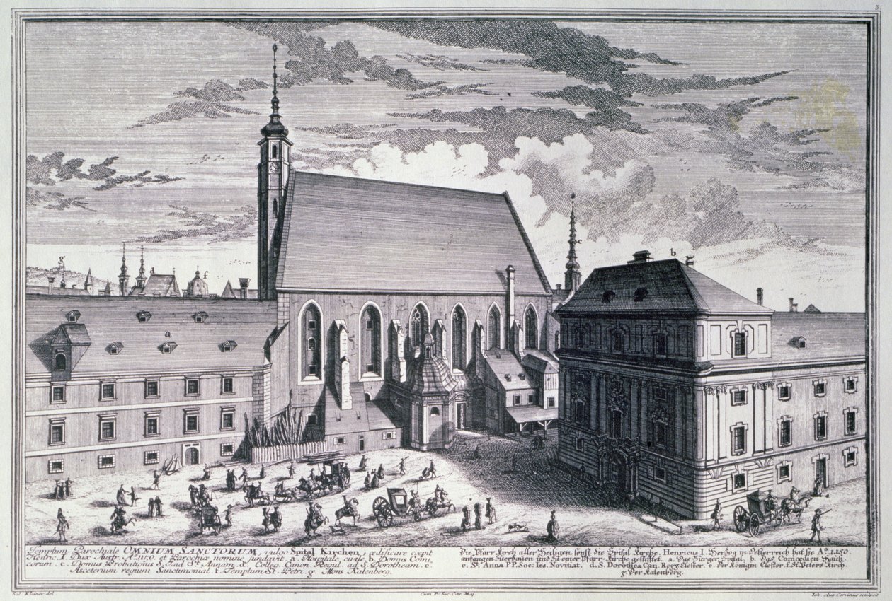 Vy över All Saints Church, Wien graverad av Johann-August Corvinus (1683-1738) av Salomon after Kleiner