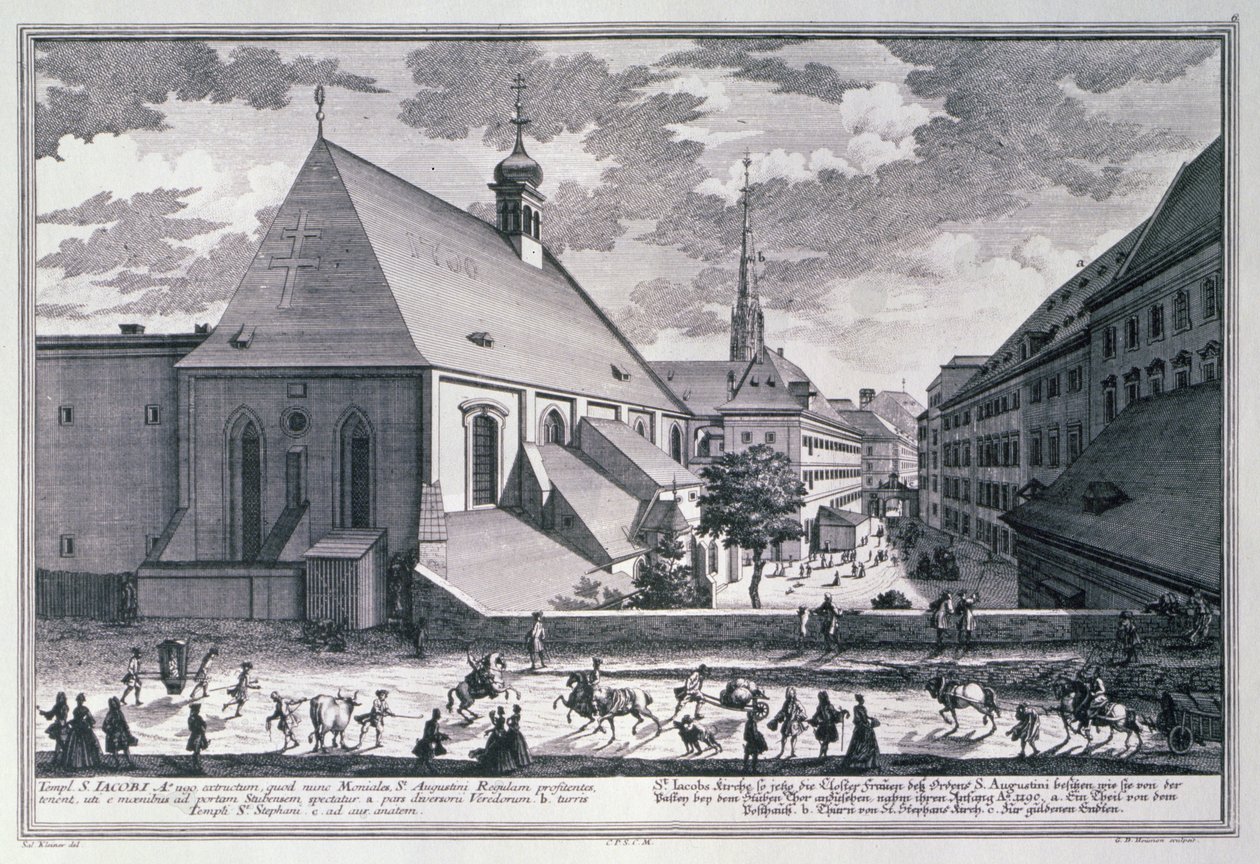 Vy över St. Jacobs Church, Wien graverad av Georg-Daniel Heumann (1691-1759) av Salomon after Kleiner