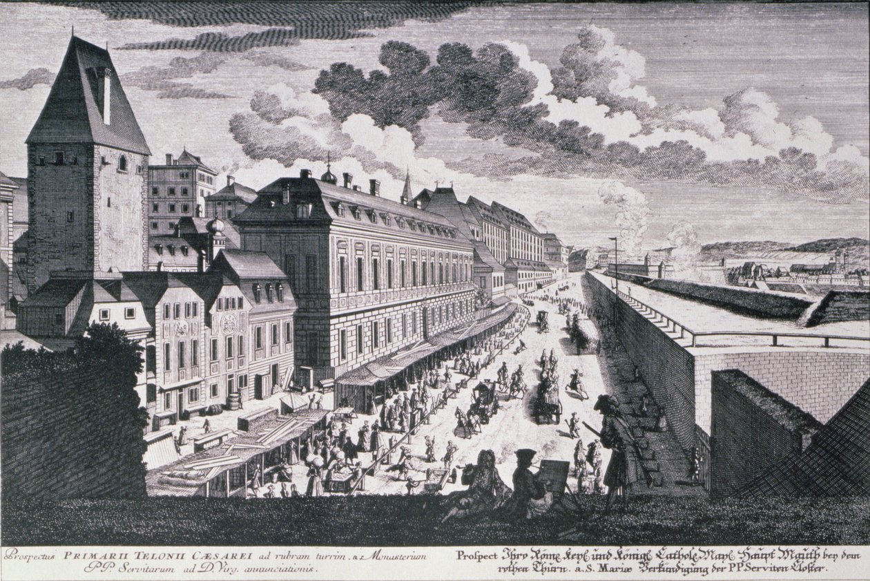 Utsikt över en gata i Wien graverad av Johann-August Corvinus (1683-1738) av Salomon after Kleiner