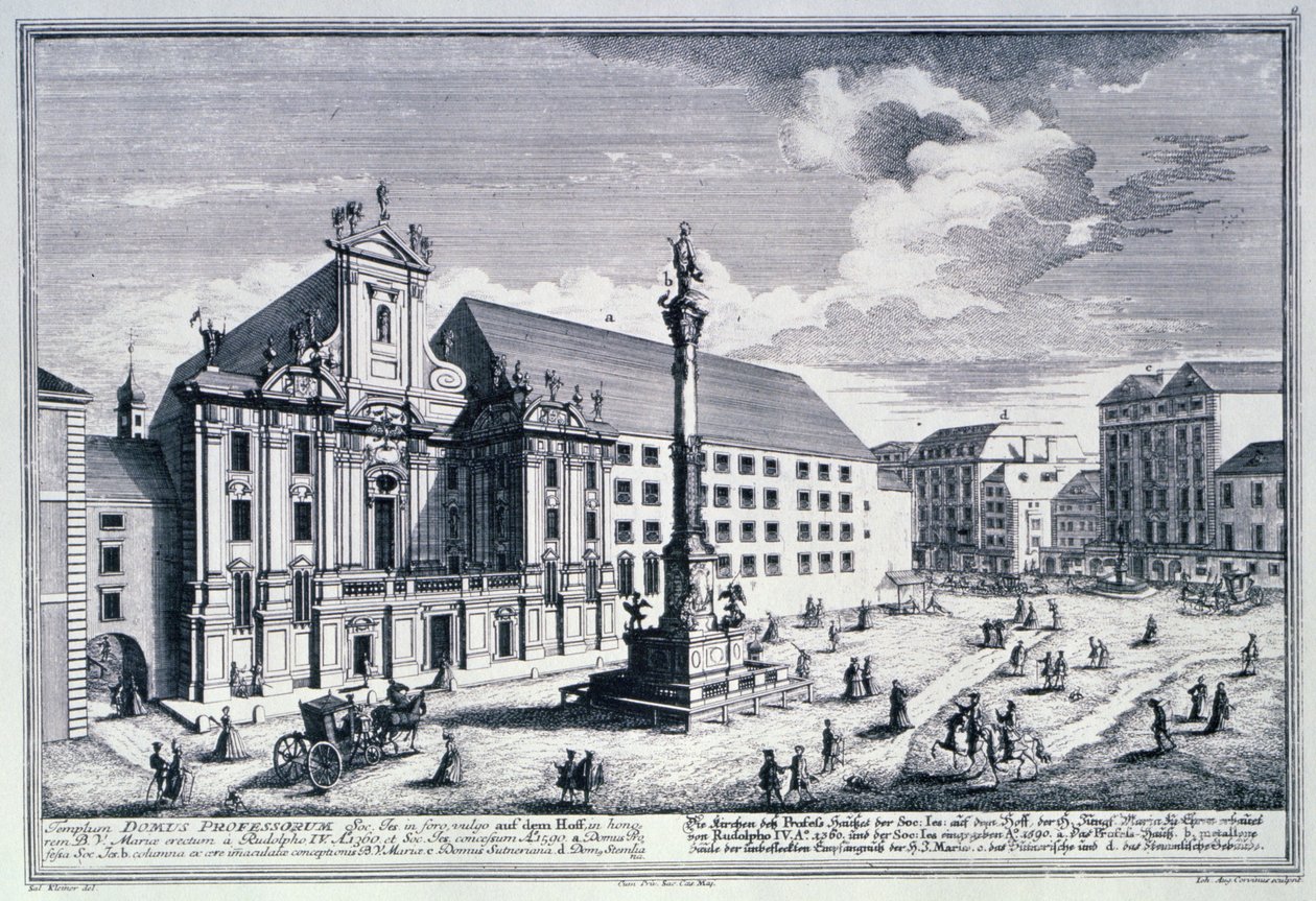 Vy över torget Am Hof som visar Mariensaule eller Vår Frus kolonn graverad av Johann-August Corvinus (1683-1738) av Salomon after Kleiner