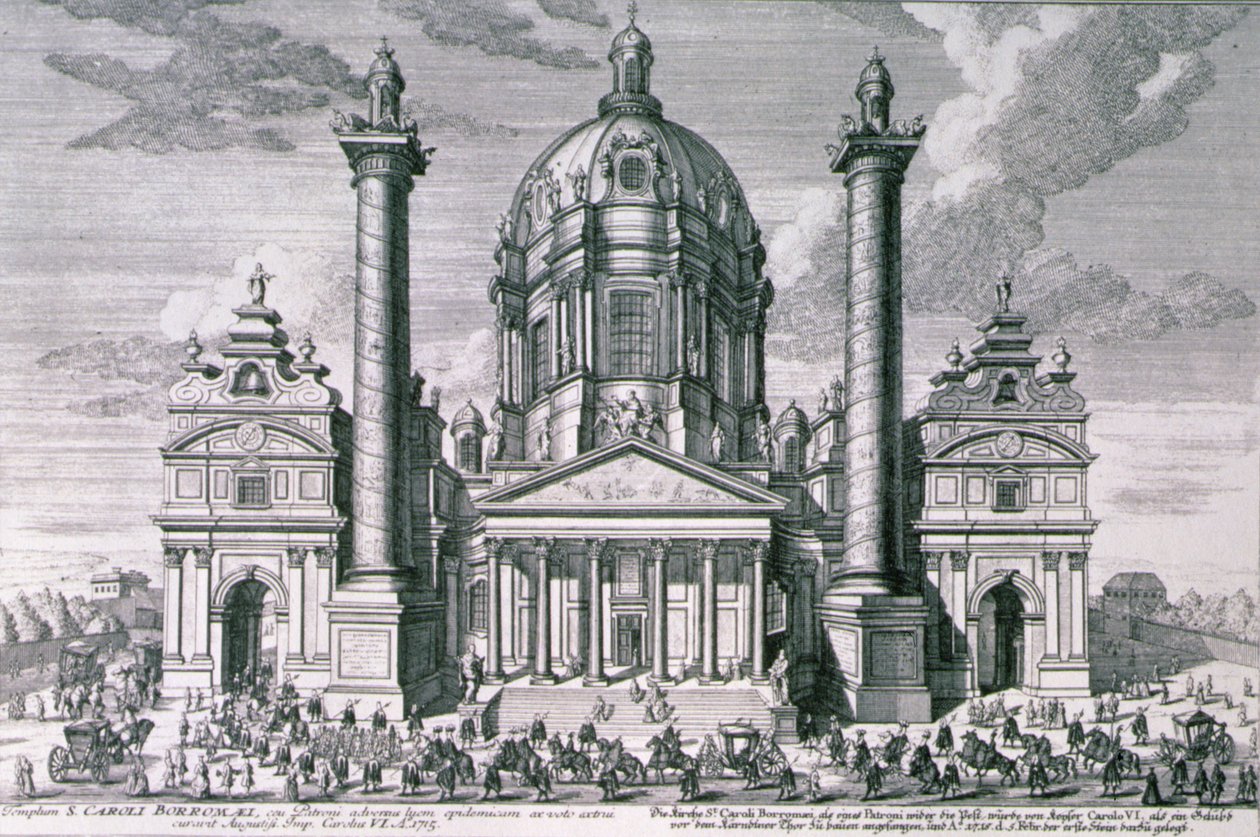Utsikt över Karlskirche, Wien graverad av Hieronymous Sperling (1695-1777) av Salomon after Kleiner