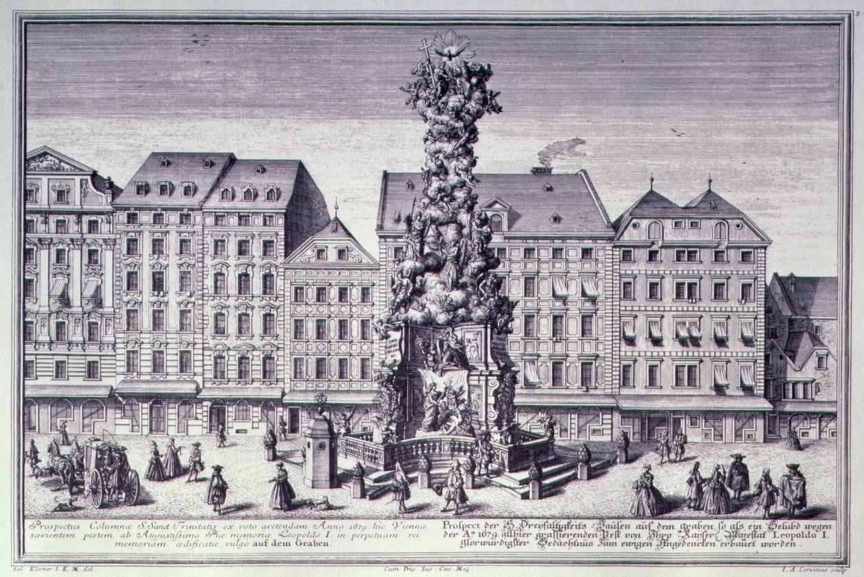 Utsikt över Pestsaule, pestkolumnen beställd av kejsar Leopold I för att fira Wiens befrielse från pesten 1679, utarbetad av jesuiterna och avrättad av Matthias Rauchmiller, Lodo av Salomon after Kleiner