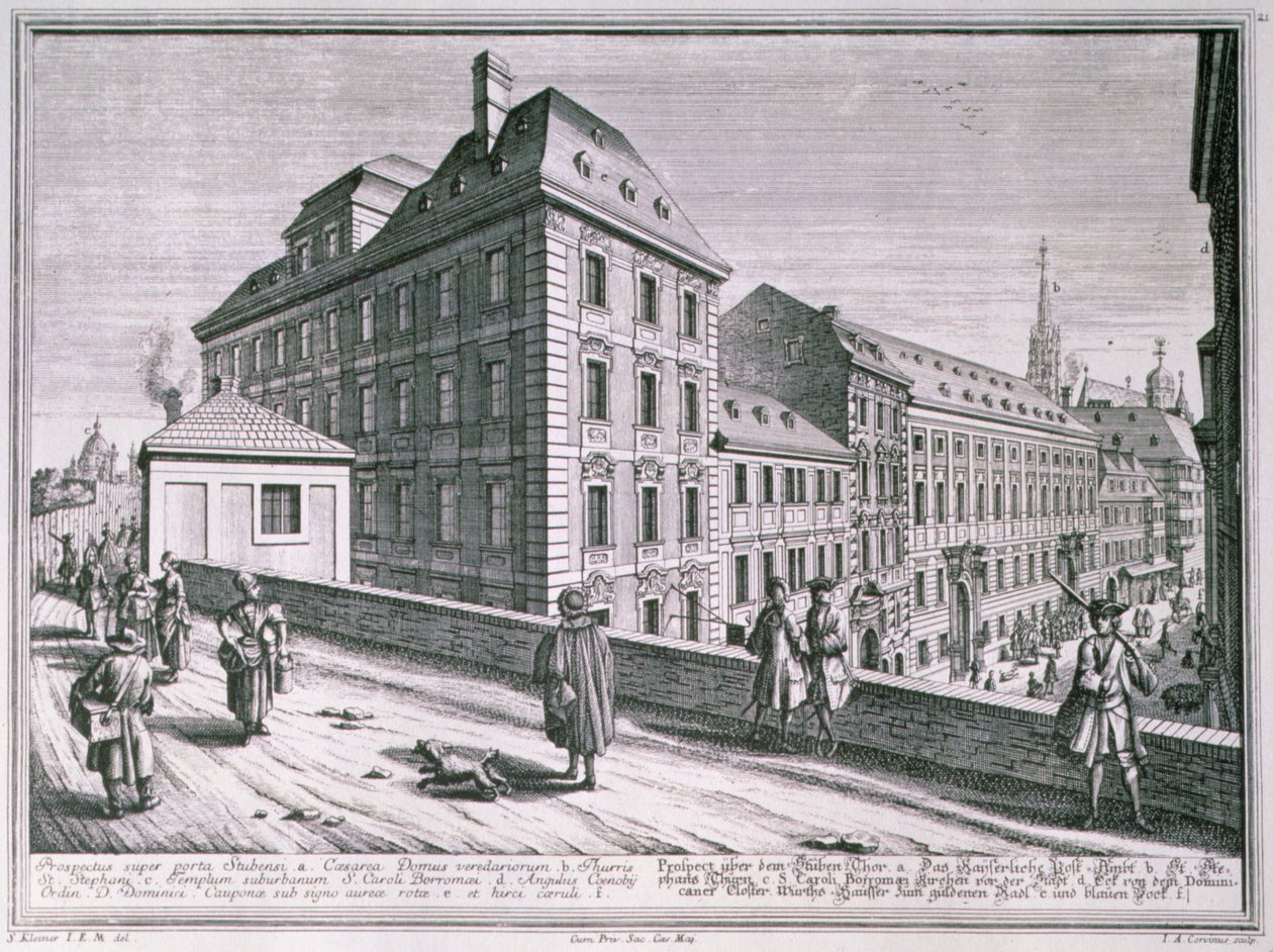 Utsikt över området runt St. Stephens Cathedral, Wien, graverad av Johann-August Corvinus (1683-1738) av Salomon after Kleiner
