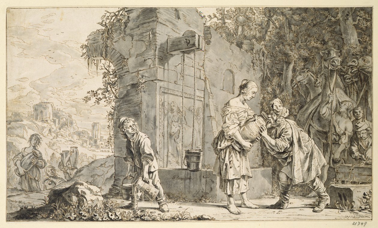 Rebecca och Eliezer, 1660 (penna och bläck och tvätt på papper) av Salomon de Bray