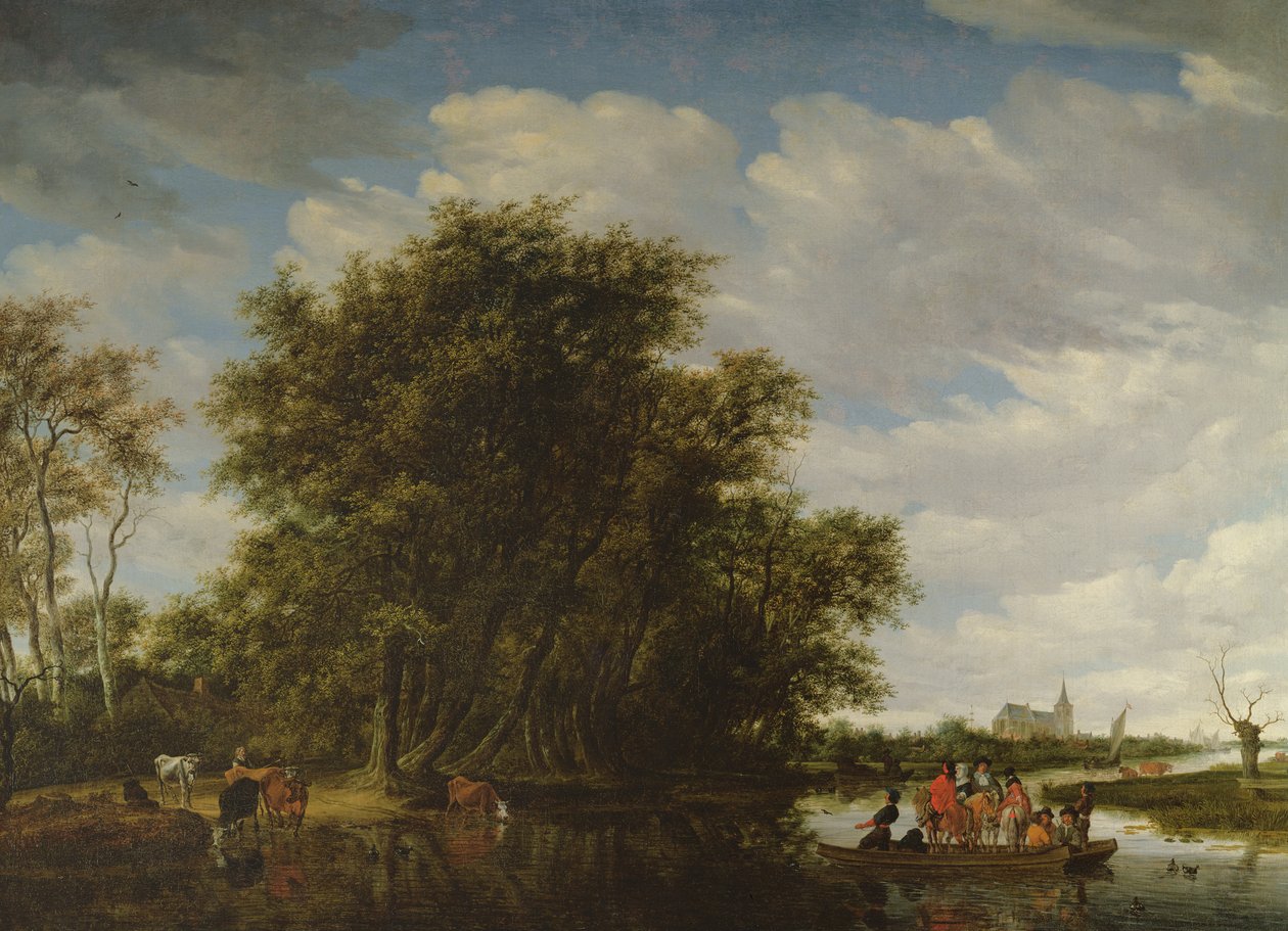 Ett flodlandskap med figurer i en färja av Salomon van Ruisdael or Ruysdael