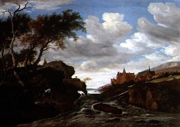 Stenigt landskap med ett vattenfall, 1665 av Salomon van Ruisdael or Ruysdael