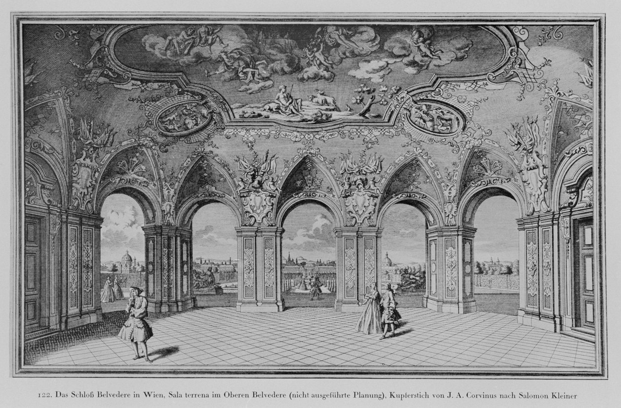 Oberes Belvedere: Sala terrena, outgjord design, graverad av Johann August Corvinus (litho) av Salomon (after) Kleiner