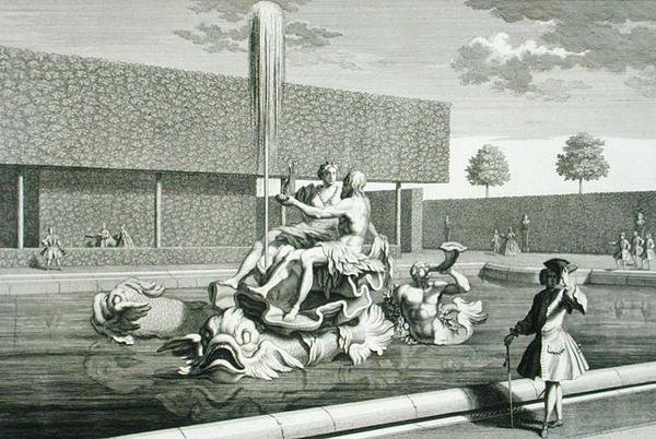 Neptunus och Thetis fontän vid Belvedere-palatset, Wien, graverade av Jakob Gottlieb Thelott (c.1711-75), publicerad c.1730-40 (gravyr) av Salomon (after) Kleiner