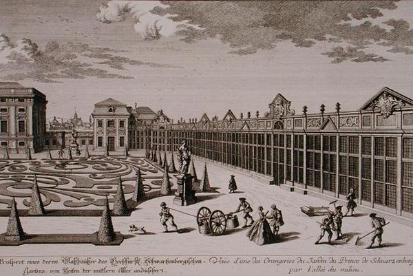 Utsikt över ett av orangerierna i prinsen av Schwarzenbergs trädgård, Wien, graverad av Georg-Daniel Heumann (1691-1759), publicerad ca 1724-37 (gravyr) (se även 170855) av Salomon (after) Kleiner