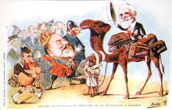 Karikatyr av Frankrikes president Emile Loubets (1838-1929) ankomst till London 1903 (färg litho) av Salomon Assus