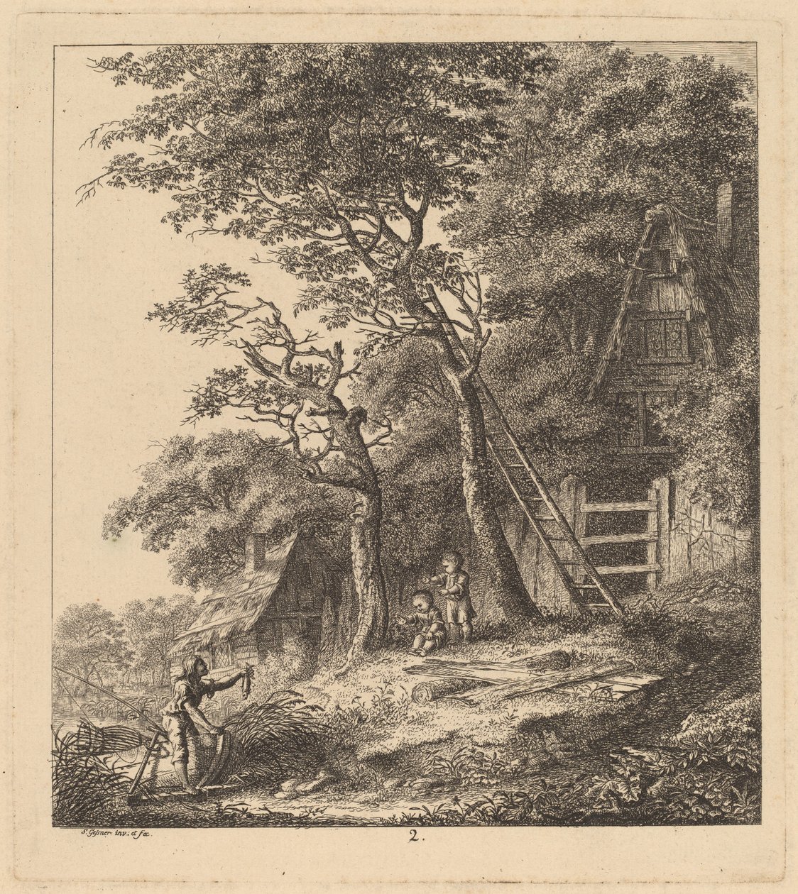 En fiskare och två barn i ett landskap med stugor med halmtak, 1764. av Salomon Gessner