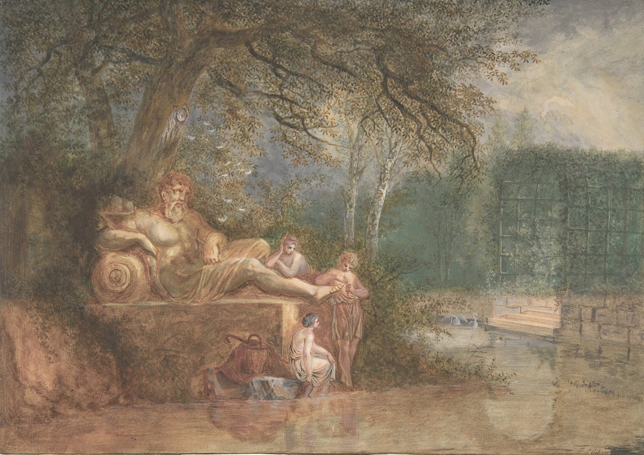 En park med figurer vid en staty nära vatten, 1775. av Salomon Gessner