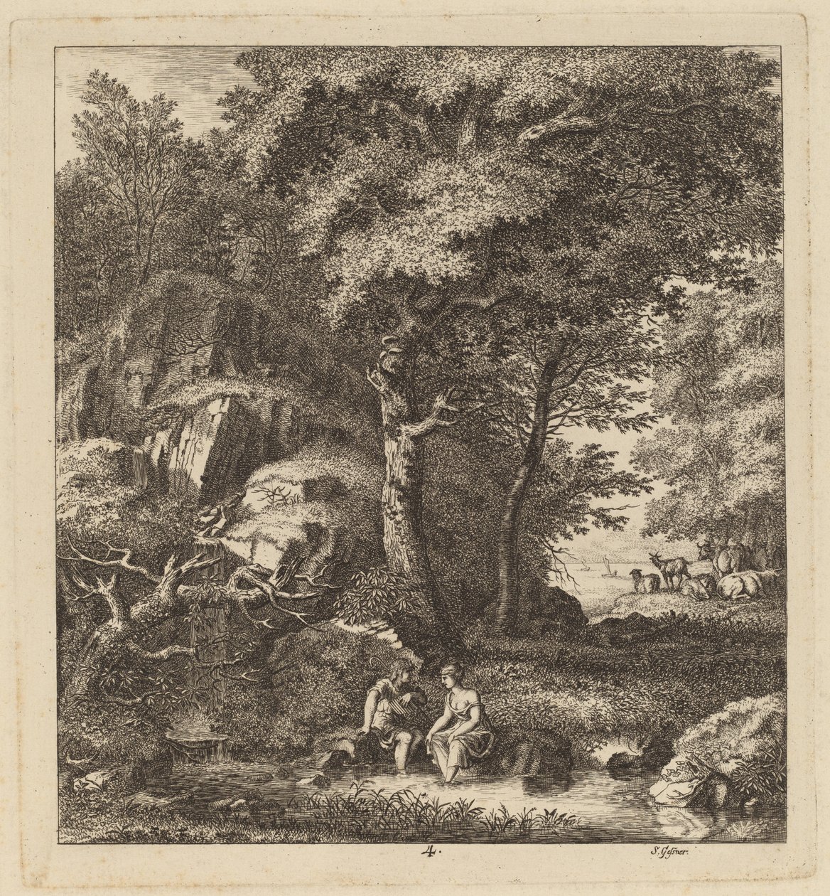 En herde och en ung kvinna med fötterna i en bäck av Salomon Gessner