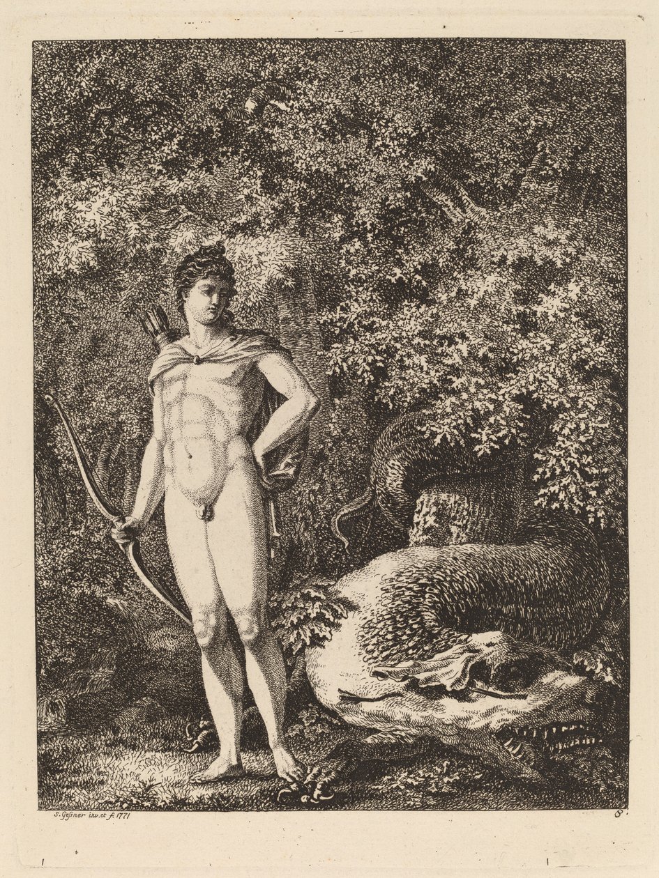 Apollo med båge och drake av Salomon Gessner