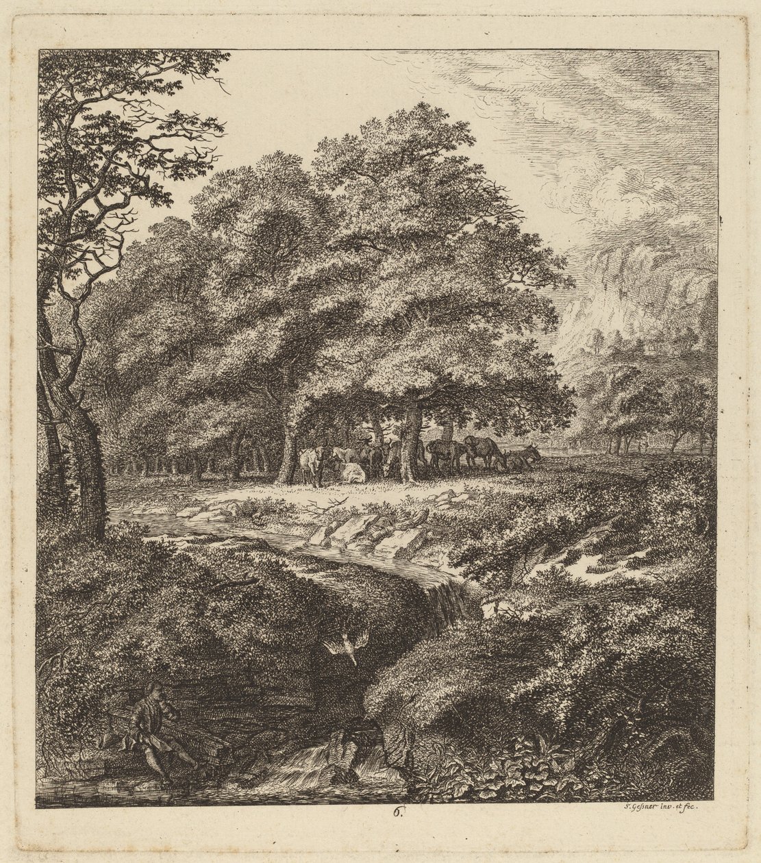 Boskap som vilar i en lund med en man som sitter bredvid en bäck, 1764. av Salomon Gessner