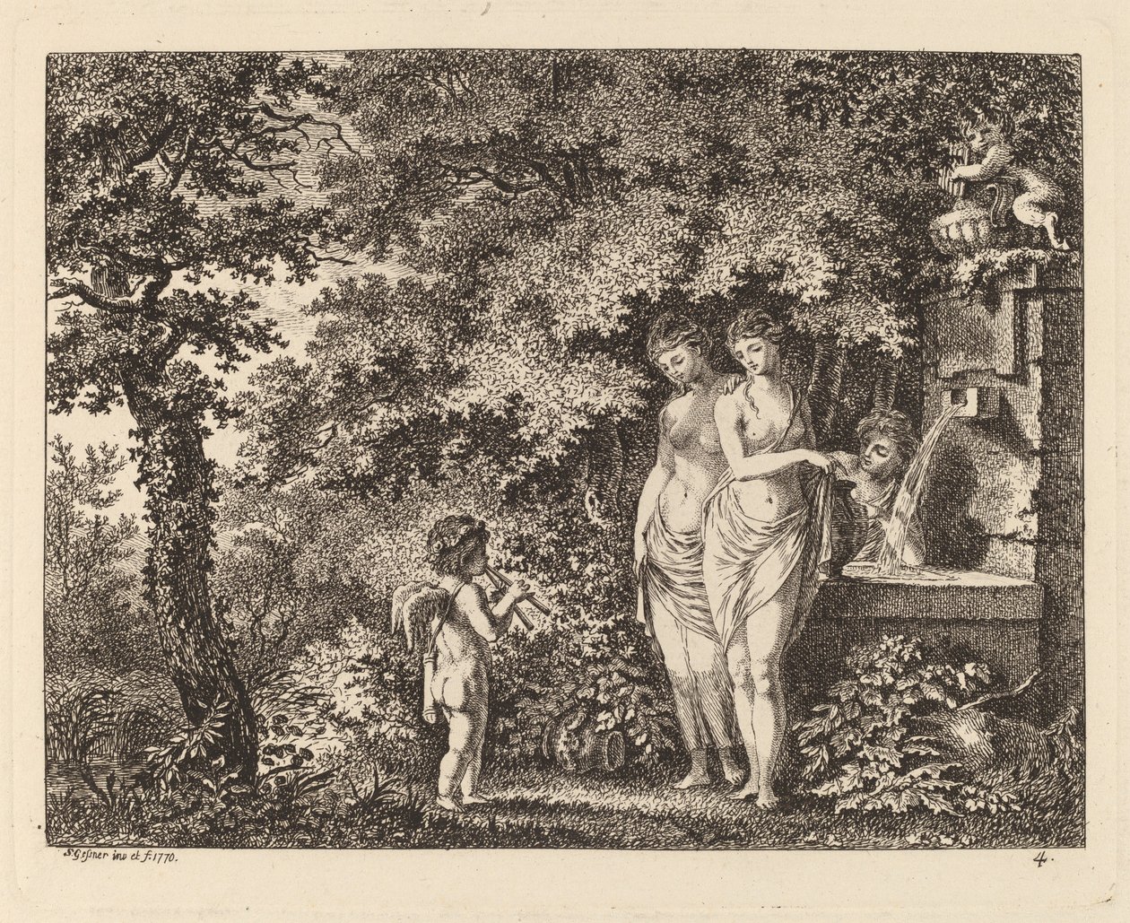 Eros med tre flickor vid en fontän, 1770. av Salomon Gessner