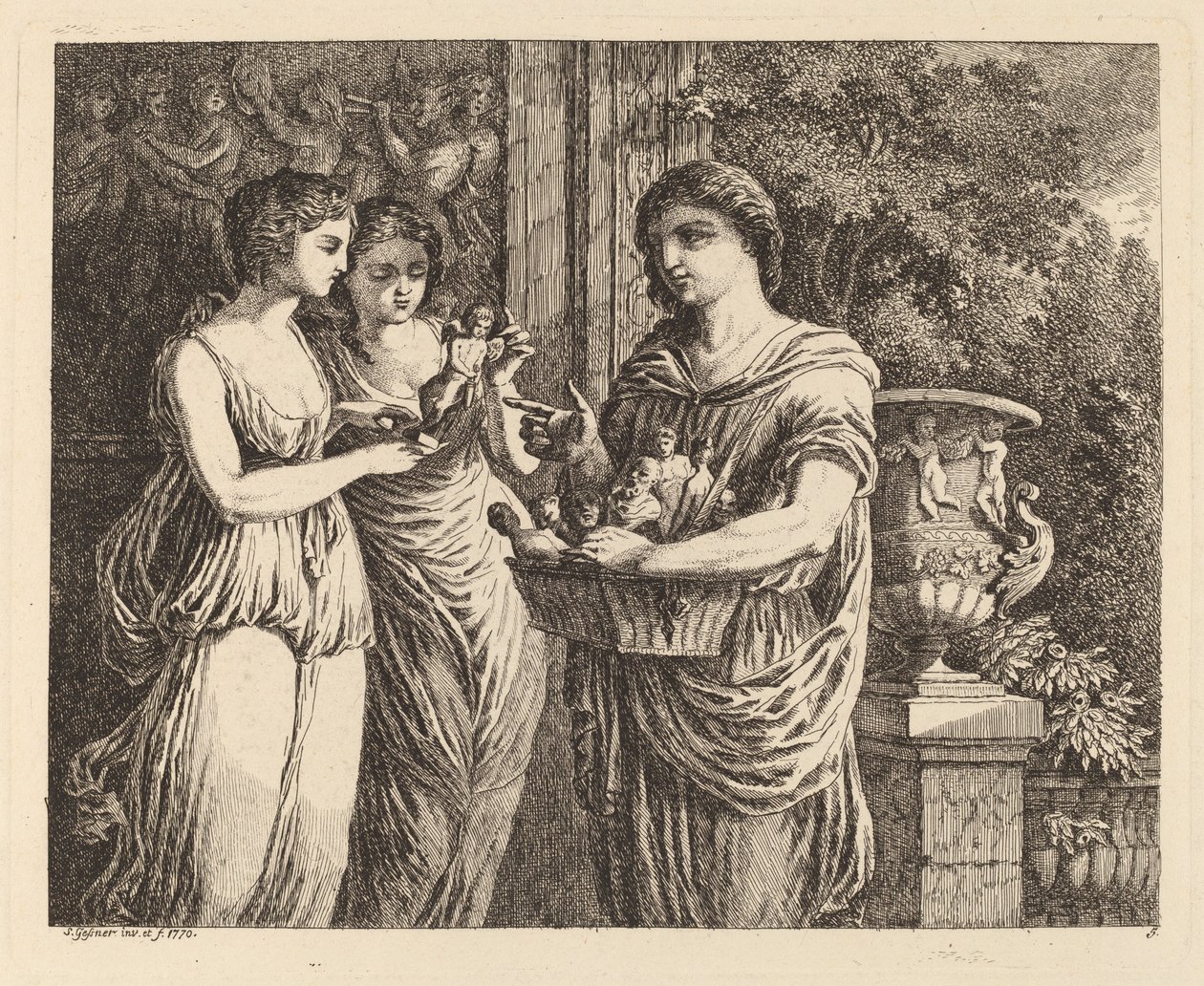 Figurförsäljare med två flickor, 1770. av Salomon Gessner