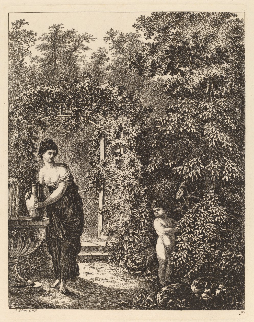Putto besöker en flicka vid en fontän, 1771. av Salomon Gessner