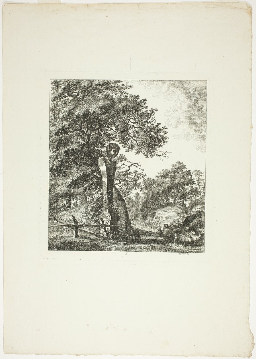 Får vid en staty av Pan, plansch fem från Paysages Dédiés à M. Warelet av Salomon Gessner
