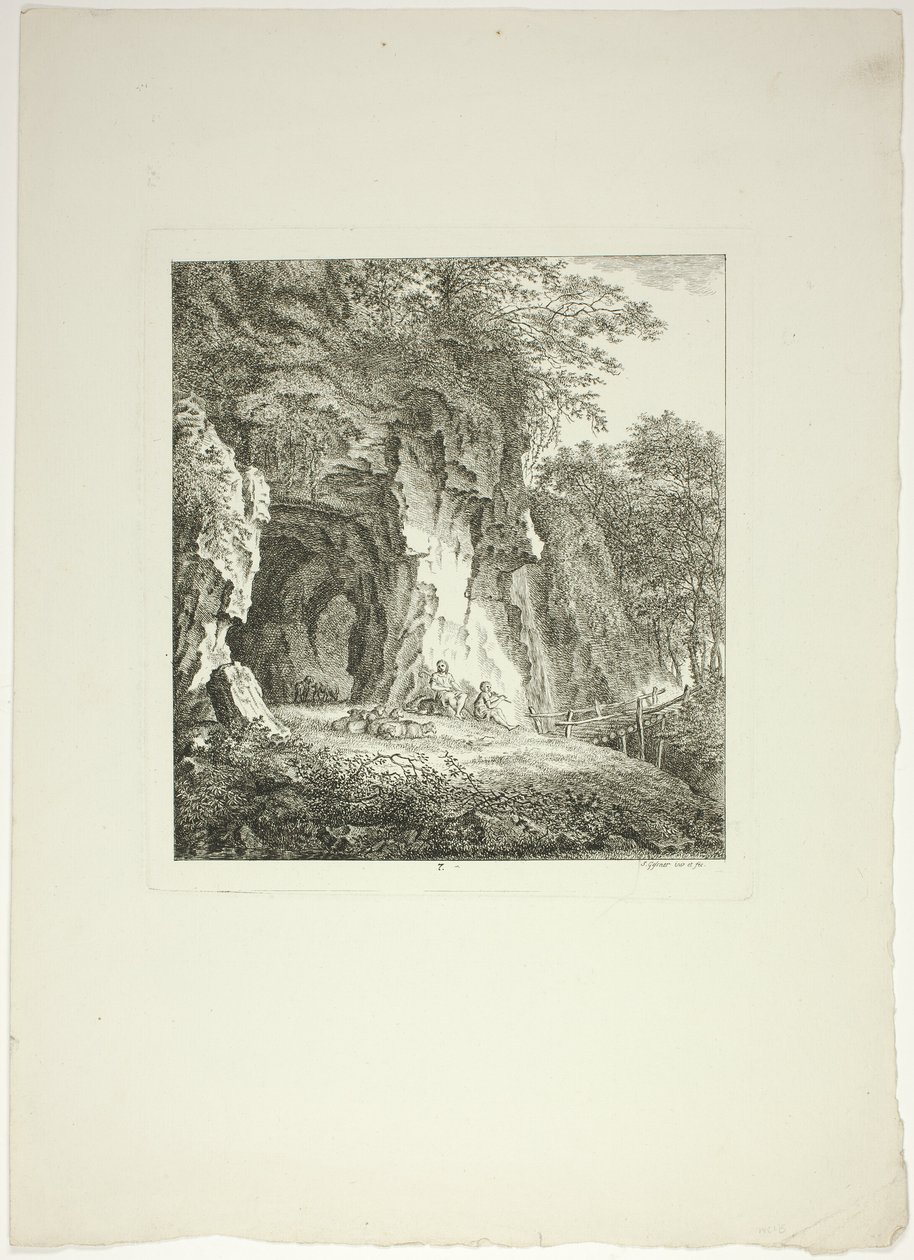 Herdar och får vilar under en bro, plansch sju från Paysages Dédiés à M. Warelet av Salomon Gessner