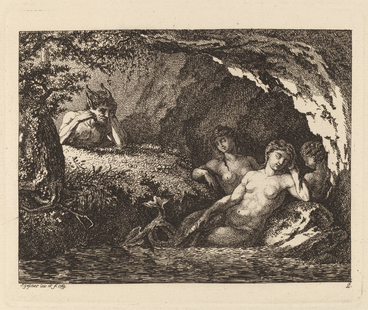 Tre sovande sprites med en Satyr av Salomon Gessner