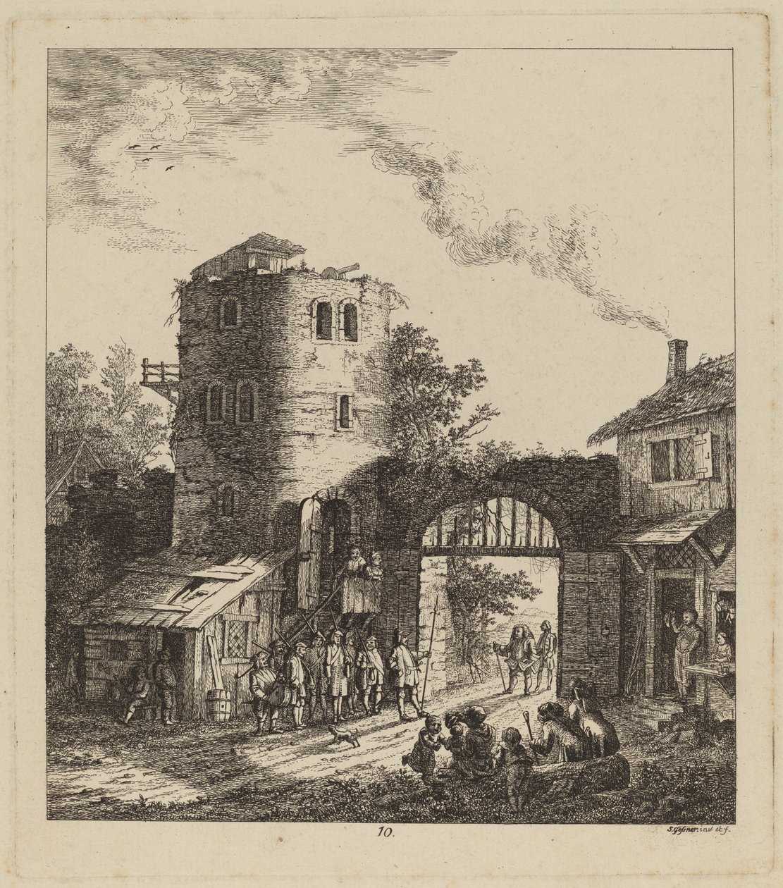 Bybor vid en stadsport hälsar en dignitär, 1764. av Salomon Gessner