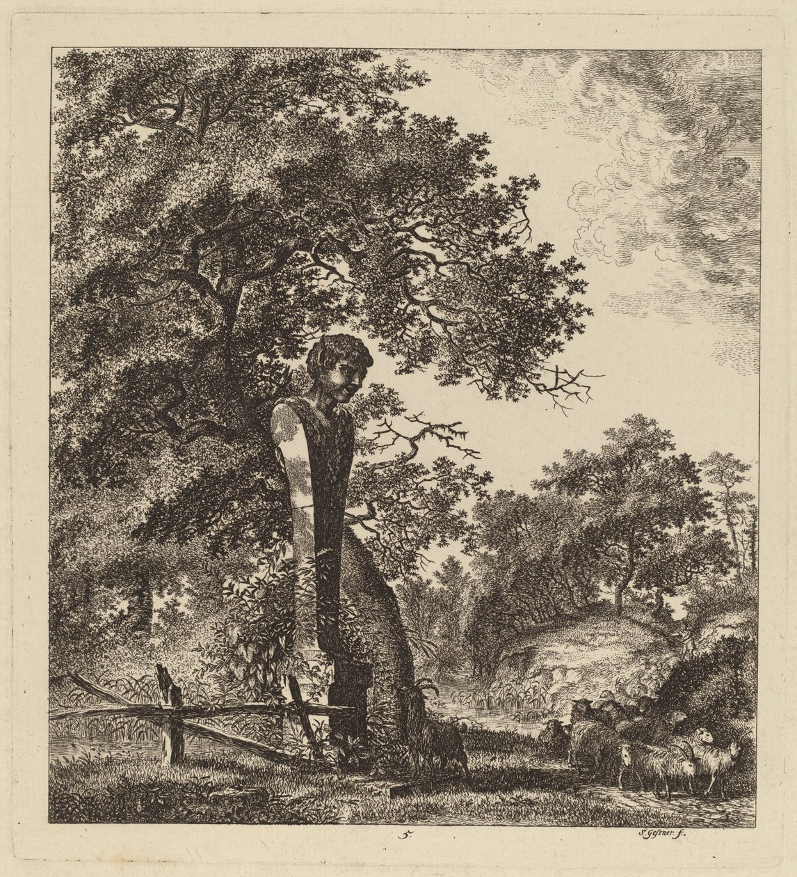 Skogbevuxen landskap med en flock getter och en herm, 1764. av Salomon Gessner
