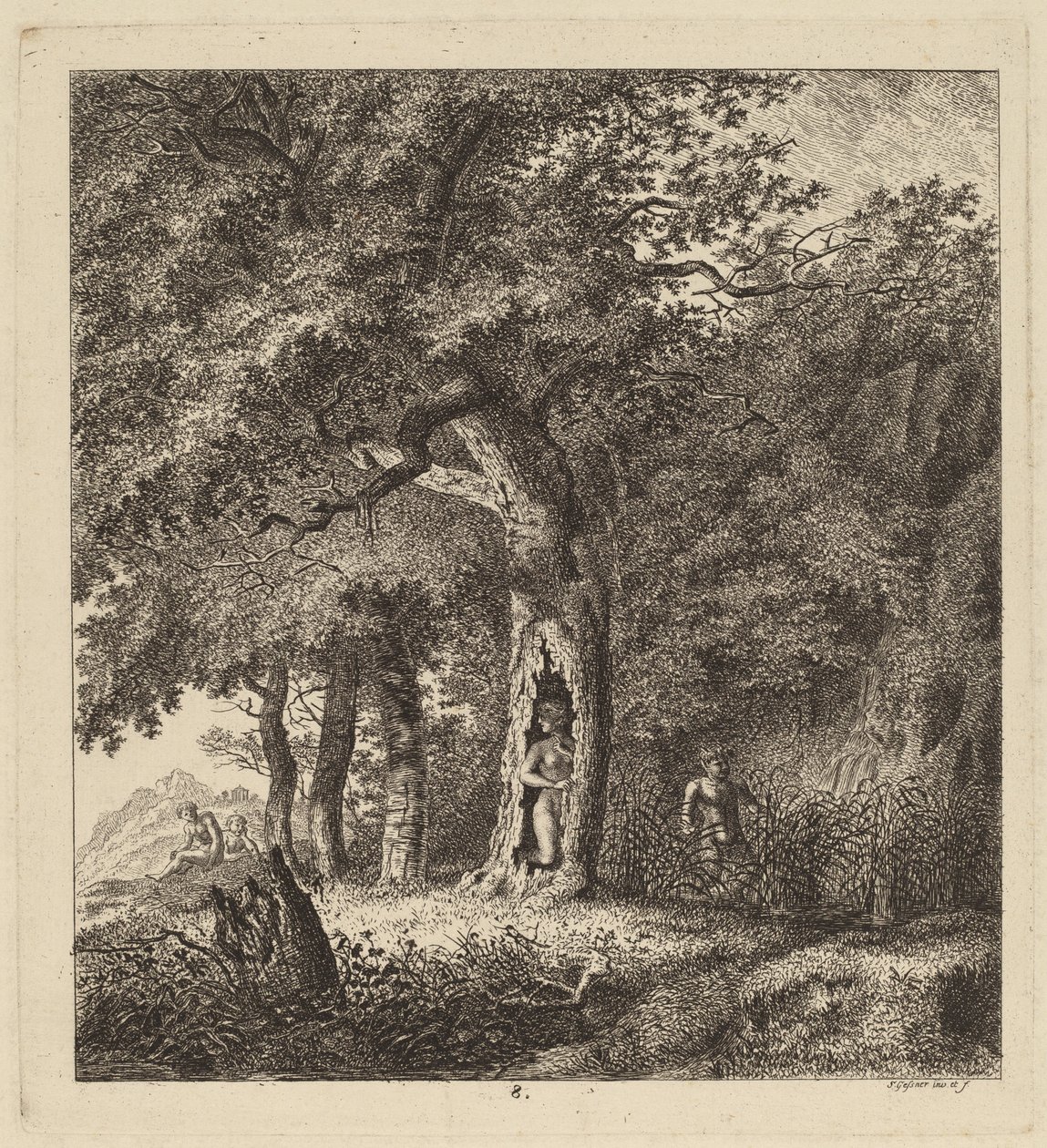 Skogbevuxen landskap med en nymf och en satyr av Salomon Gessner