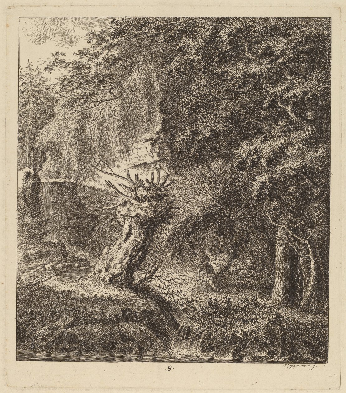 Skogbevuxen landskap med pollardträd, 1764. av Salomon Gessner
