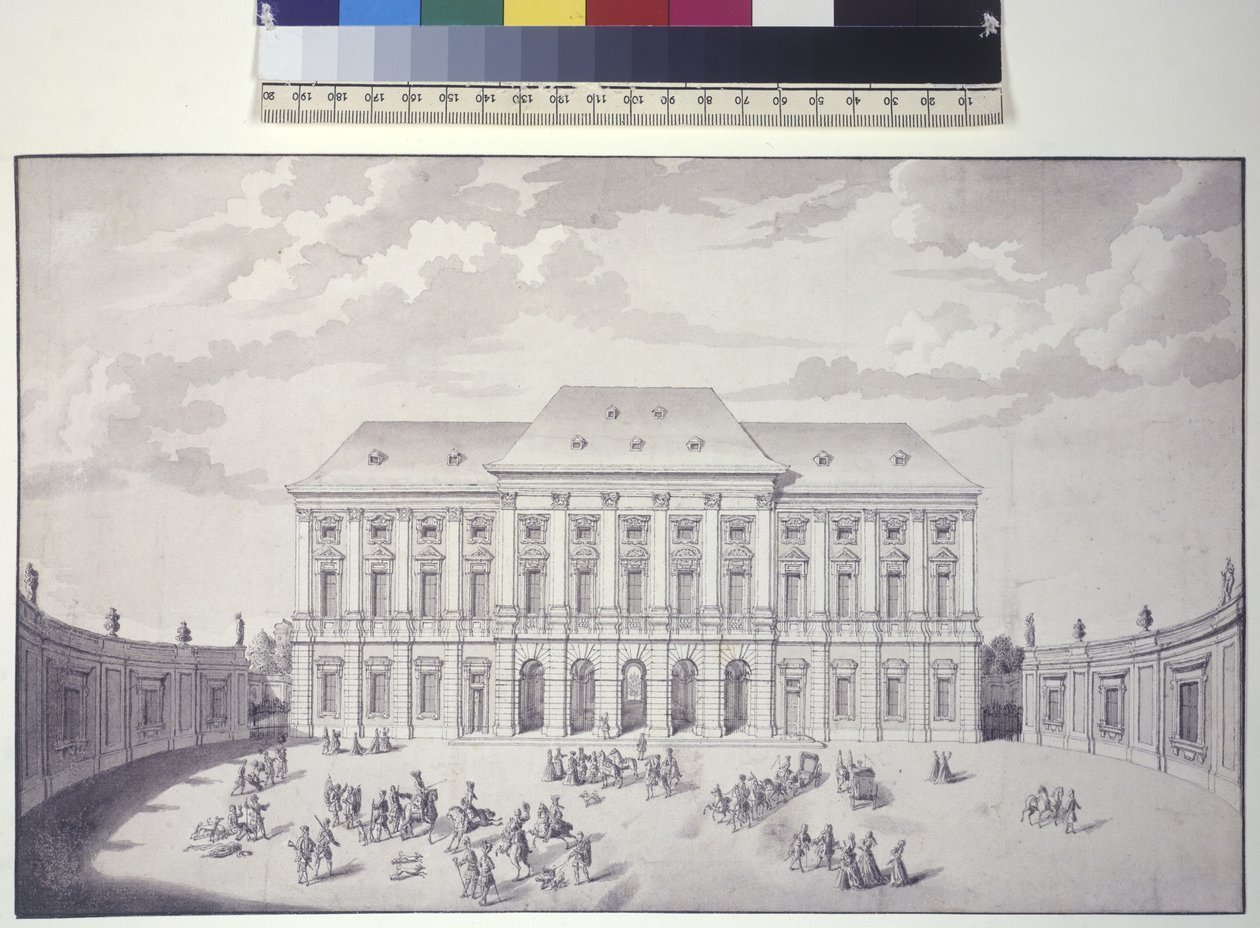 Hela sidan: Liechtensteinska trädgårdspalatset, Wien, framsidan av palatset (penna, pensel och tusch) av Salomon Kleiner